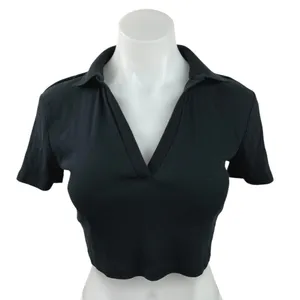 Zara Black V-Neck Collar Ribbed Knit Short Sleeve Polo Shirt Crop Top Size M thumbnail 1