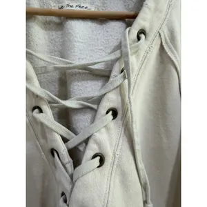 We The Free Lace Up Sweatshirt Cream Raw Hem Distressed Pullover Sz S thumbnail 6