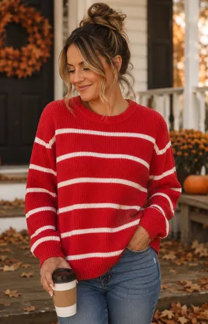 Maurices Crewneck Sweater - Women’s Plus Size XXL ~ Coral Red Stripe ~ Soft Cozy thumbnail 1