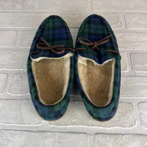 J Crew Slippers Womens 8 Green Blue Plaid Faux Shearling Fur Lining Moccasin thumbnail 5