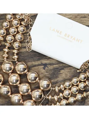 NWT Lane Bryant Chunky Bib Faux Pearl Bead Layered Necklace Gold Yellow 17" + 3" thumbnail 2
