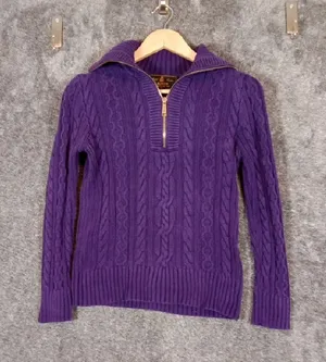 Ralph Lauren Purple Zip-Front Cable Knit Sweater Cotton High Neck Womens S thumbnail 1