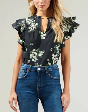 Sugarlips Black Emery Floral‎ Split Neck Ruffle Sleeve Cotton Top Medium Womens thumbnail 1
