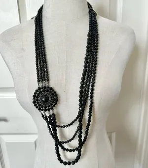 Long multi strand black beaded flower necklace thumbnail 1