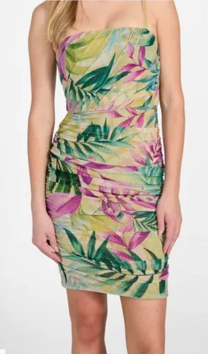 Guess Tropical print bodycon dress with ruched detail thumbnail 1