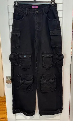 New Edikted Wide Leg Jeans Sz S Oversized Boyfriend Cargo Black Mid-rise Y2K thumbnail 1