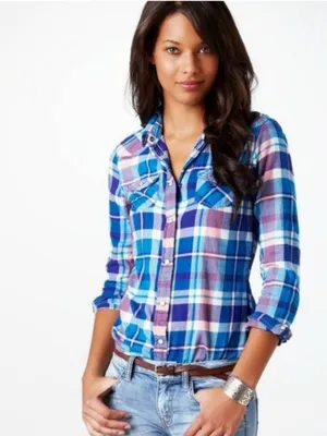 American Eagle Plaid Flannel Snap Button Front Shirt Blue Pink Women's Small thumbnail 3