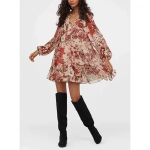[H&M] Pink Floral Print V-Neck Tiered Chiffon Balloon Sleeve Mini Dress Size 6 thumbnail 12