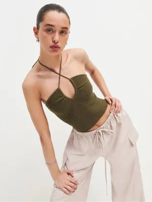 Reformation Suzanne Halter Sweater Tank Olive Oil Green Open Knit Keyhole Top L thumbnail 1