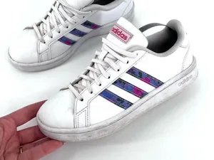 Adidas Grand Court Sneakers Womens 6.5‎ White Floral Print Low Top Tennis Shoes thumbnail 1