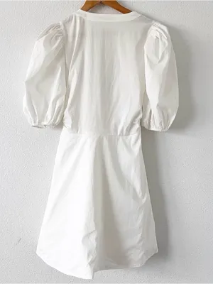 Choosy White Puff Sleeve Tie Front Cottagecore BohoSummer Vacation Mini Dress thumbnail 9