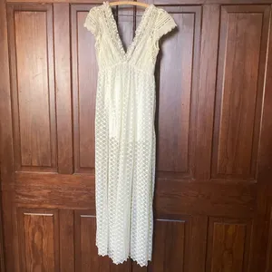 Free People Cleo Maxi Jumpsuit Lace Ruffle Cap Sleeve V-neck Wide Leg Cream S? thumbnail 3