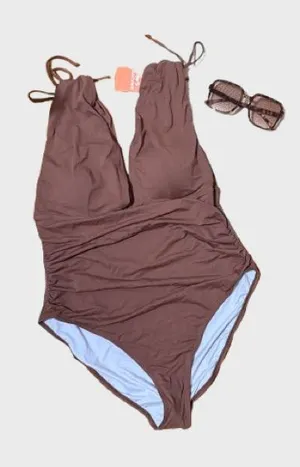 Brown Ruched One-Piece Swimsuit - Classic Women’s Swimwear thumbnail 1