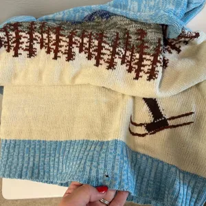 Vintage Knit Ski Sweater Mock Neck Blue White Alps Skiing Winter Art to Wear M thumbnail 6
