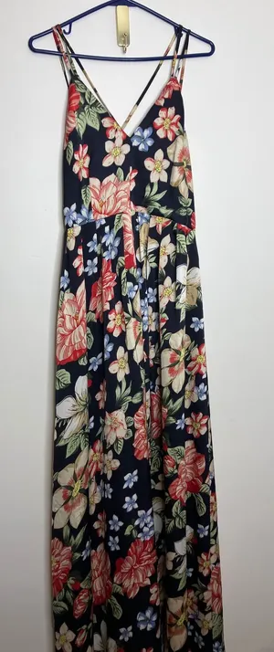 Lucy Paris Maxi Dress Womens S Navy Floral Excellent V-Neck Strappy Open Back thumbnail 1