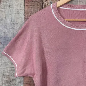 Pink Blush Preppy Knit Sweater Tee White Trim Soft Girl Top Medium Viscose thumbnail 2