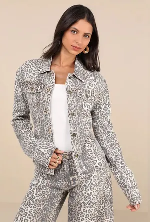 NEW Lioness Rider Seamed Denim Jacket in Beige Leopard Fade Print - Size L thumbnail 1