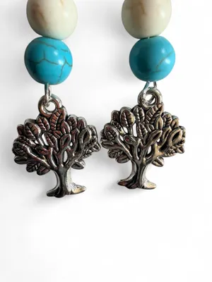 Handmade Tree of Life Dangle Earrings - White & Turquoise Bead thumbnail 2