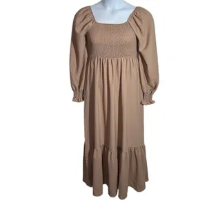 Khaki Smocked Maxi Dress Large Boho Square Neck Ruffle Hem Festival thumbnail 5