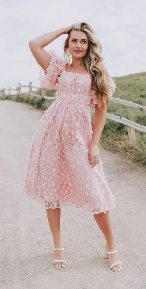 ONE LOVED BABE Wonderstruck Dress Pink 3D Floral Lace Puff Sleeve Midi Large thumbnail 1