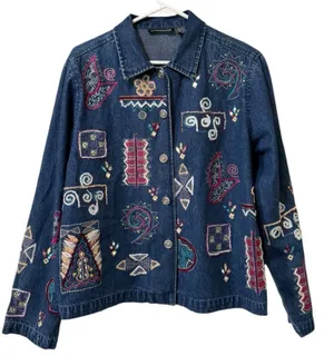 New Direction Denim Jacket Women Large Embroidered Patches Buttons Sparkle Aztec thumbnail 1