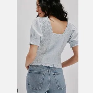 NEW Free People Cecelia Puff Sleeve Smocked embroidered Rosette Cute Top L thumbnail 2