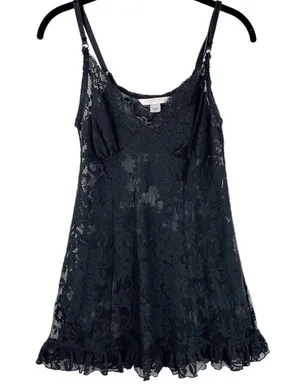 Victoria’s Secret Black Floral Lace Slip Dress Medium Ruffle Hem Sexy Lingerie thumbnail 1