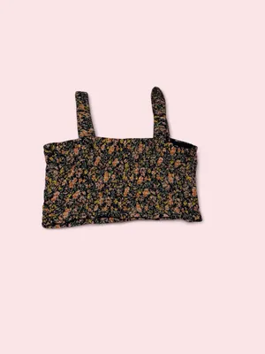 American Eagle Outfitters Black Floral Smocked Crop Tank thumbnail 2