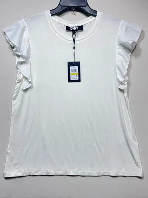 DKNY White Flutter/Ruffle Sleeve crew neck T-Shirt, thumbnail 1