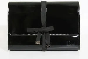 Dior • black patent leather cosmetic bag clutch pouch makeup case ribbon tie thumbnail 1