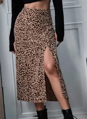 Leopard Print Brown Long Skirt with Side Slit thumbnail 1