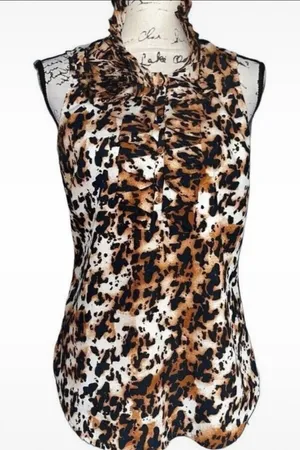 New York Company Sleeveless‎ Ruffle Collar Leopard Print Blouse Women's Medium thumbnail 1