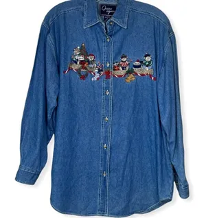 Vintage Quizz Again Denim Embroidered‎ Christmas Bear Shirt thumbnail 1