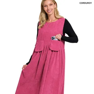 ZENANA Premium Magenta XL Corduroy Overall Popover Jumper Midi Pockets Dress thumbnail 3