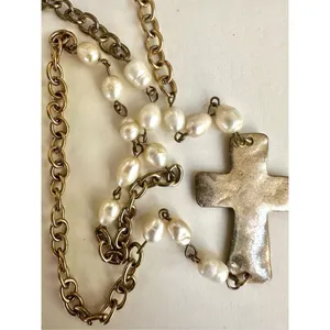 Silver and gold tone fresh water pearl long cross necklace thumbnail 4