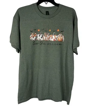 Gildan Tis the Season Pumpkins Fall Vibes Women’s Large Military Green T-Shirt thumbnail 3
