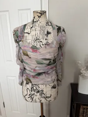 Express Floral Mesh Ruched Body contour Blouse sheer long-sleeved top crop y2k multi color M thumbnail 2