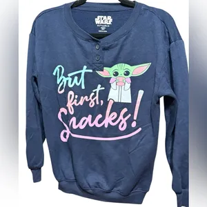 Star Wars Navy Baby Yoda Pajama Lounge Sweatshirt Top “But First, Snacks!”‎ XS thumbnail 5