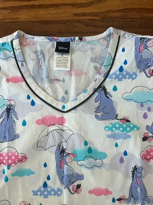 Disney Eeyore Sunshower Womens Scrub Top V-Neck Short Sleeve Pockets Size Small thumbnail 8