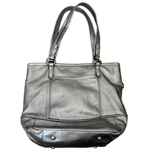 B. Makowsky Metallic Silver Leather Tote‎ Handbag Cheetah Print Lining thumbnail 3
