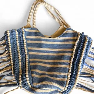 NWOT Blue Cream Boho Fringe Tote Bag Rope Handle thumbnail 4