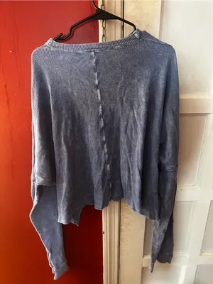 Altar'd State Blue Cropped Thermal Waffle Knit Long Sleeve Top Size L Pocket thumbnail 5