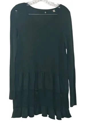 Knitted & Knotted Anthropologie Green Tiered Ruffle Tunic Sweater Small cottage thumbnail 1