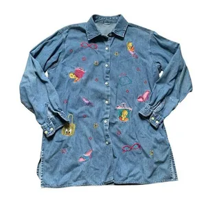 Vintage Looney Tunes Tweety Bird Oversized Denim Button Down Shirtt L thumbnail 1