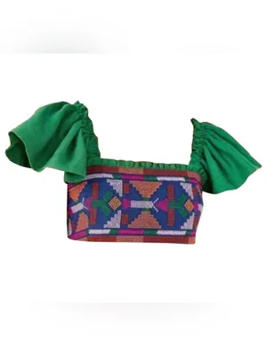 Nwt Farm Rio Embroidered Green Linen Boho Smocked Flutter Sleeve Crop Top Xl thumbnail 6