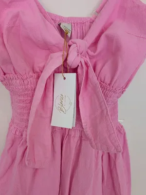 Hot Pink Barbie Bubble Gum Pink Tie Front Ruffle Cotton Dress Size M/L NWT thumbnail 9