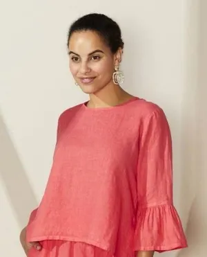 Bryn Walker Fran Top Medium Coral Linen Ruffle Bell Sleeve Top Boho Lagenlook thumbnail 1