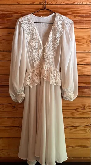 Vintage Felix Arbeo White Chiffon Lace Dress Romantic Long Sleeve 70s Small thumbnail 1