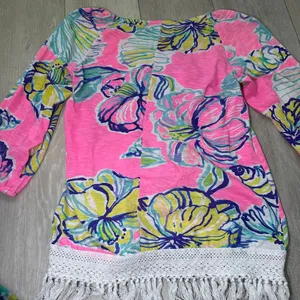 Lilly Pulitzer Alia fringe long sleeve tropical pink floral size small‎ thumbnail 3