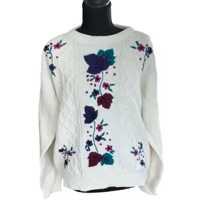 Vintage 90's Cottagecore Grandma cable knit‎ sweater embroidered floral Large thumbnail 3